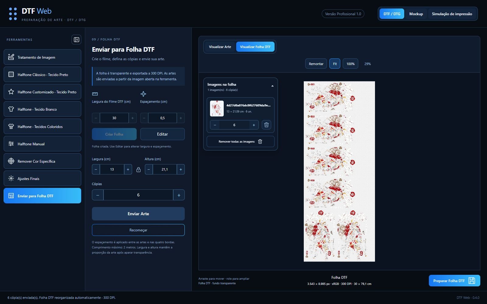 Tela do DTF Web: Montagem de folha DTF, com arte demonstrativa