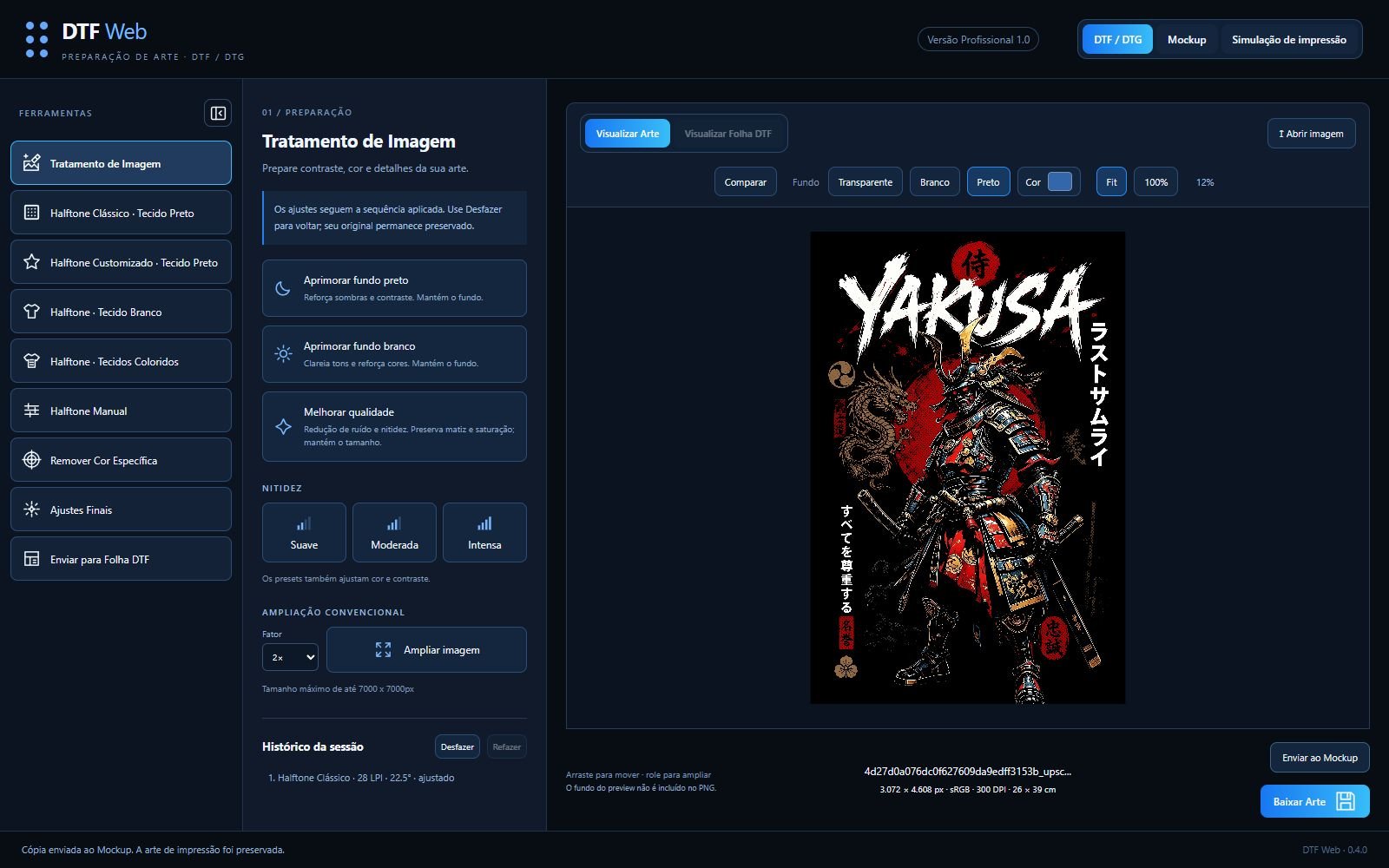 Tela do DTF Web: Tratamento de imagem, com arte demonstrativa